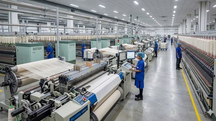 Textile mill floor with weaving machines and operators