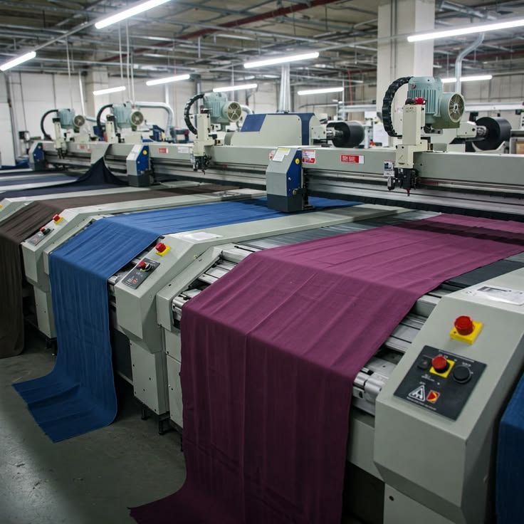 Textile manufacturing unit with fabric cutting machines
