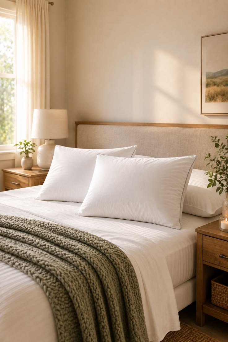 White quilted pillows on a made bed